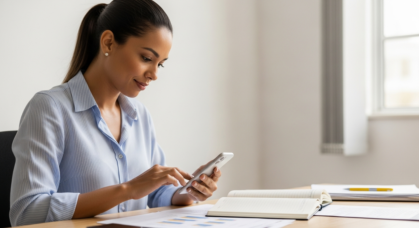 Mulher brasileira organizada construindo histórico financeiro positivo com celular e anotações
