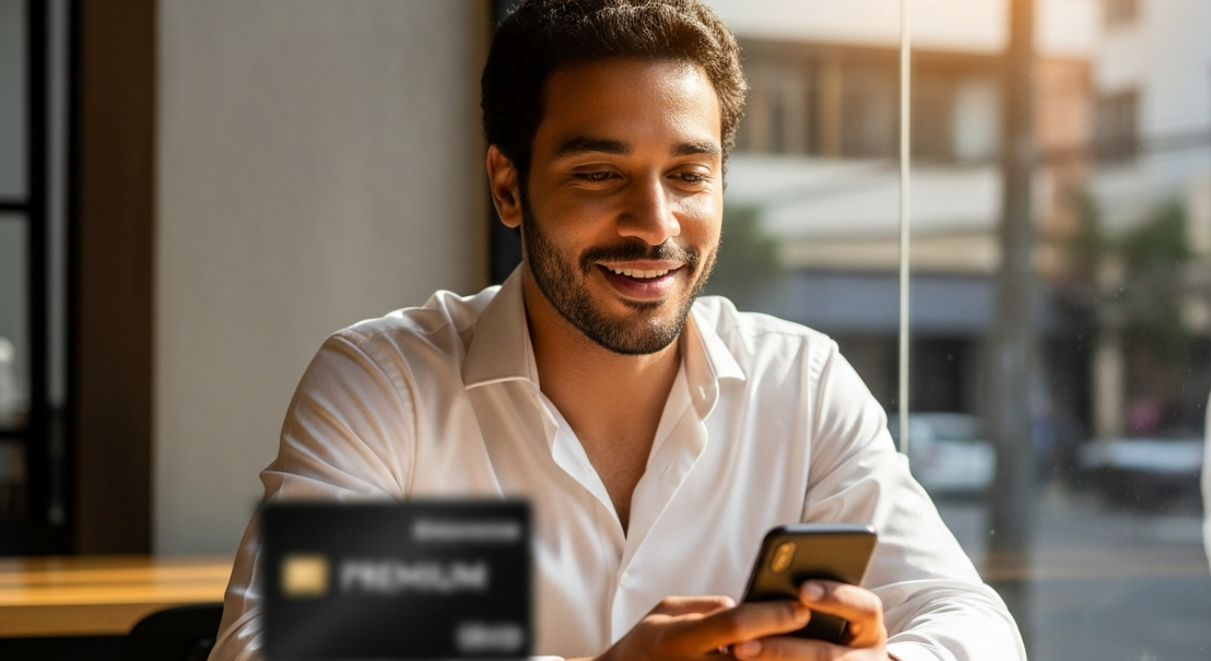 Jovem brasileiro consultando app de banco digital no celular com cartão premium na mesa