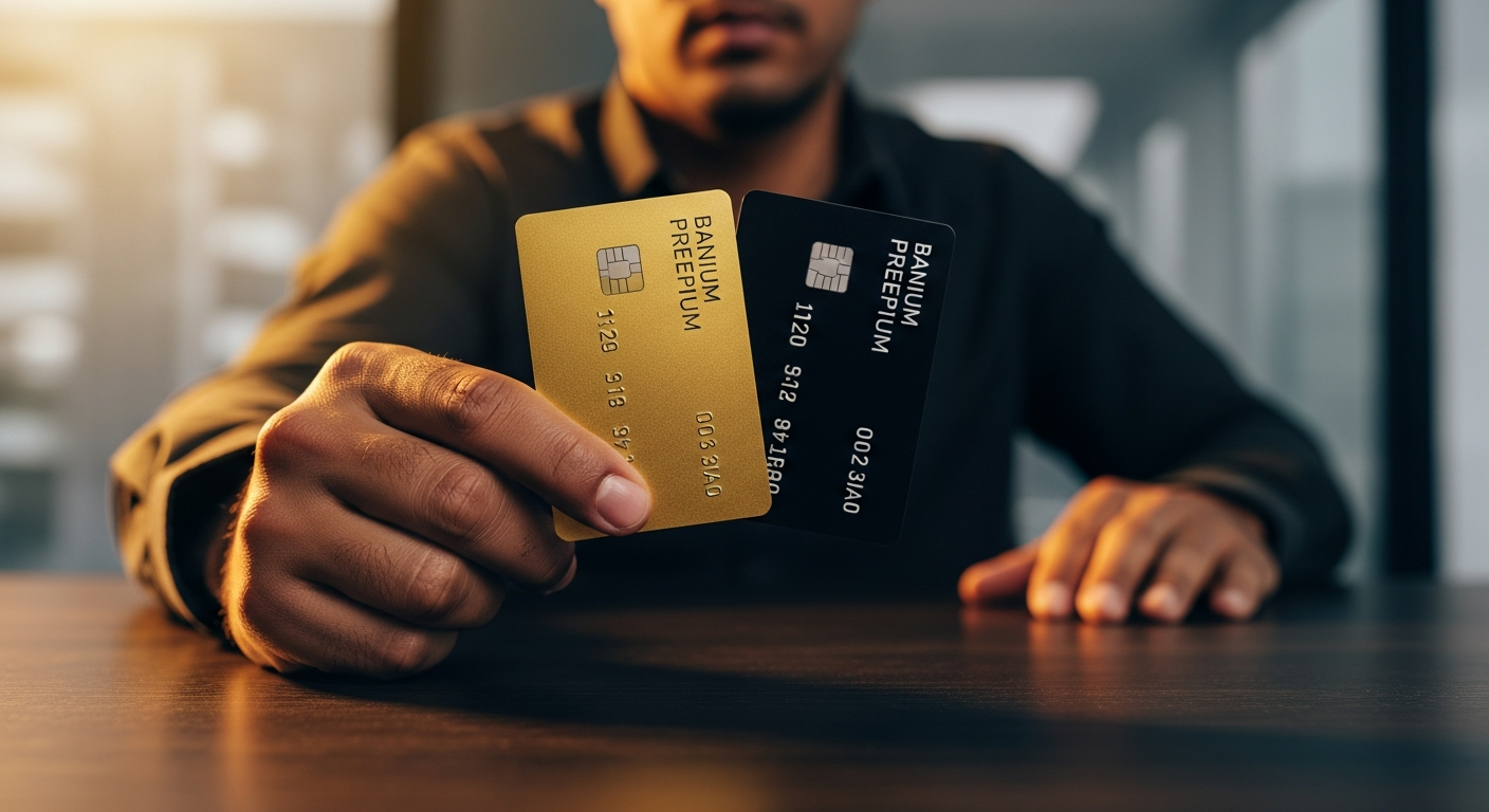 Mão segurando cartão de crédito gold e black premium para acúmulo de milhas