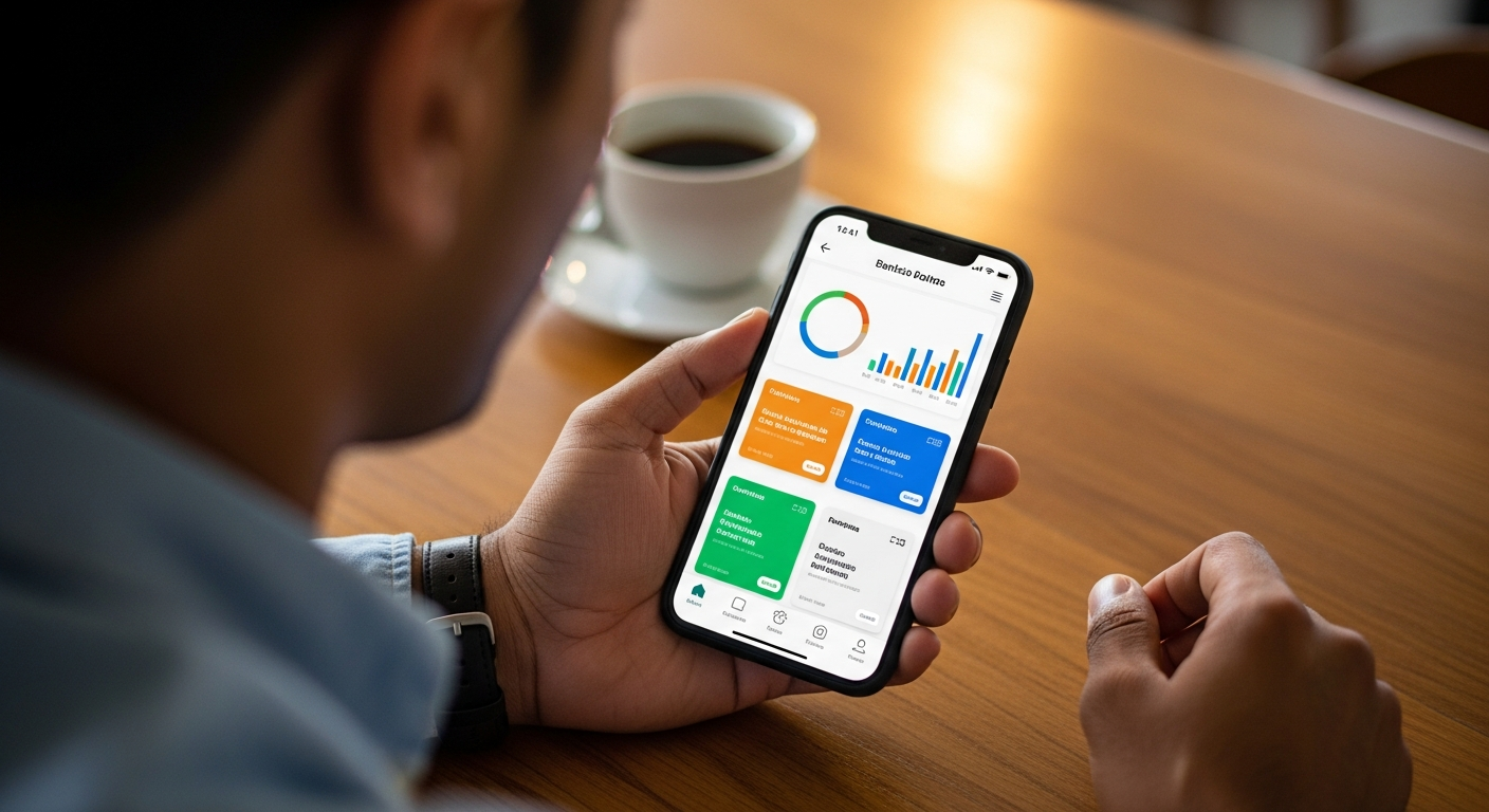 Mão segurando celular com aplicativo de banco digital aberto mostrando fatura de cartão de crédito