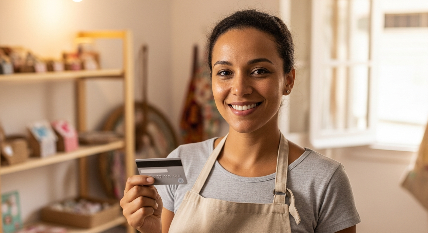 Mulher autônoma brasileira sorrindo com cartão de crédito aprovado sem comprovação de renda formal