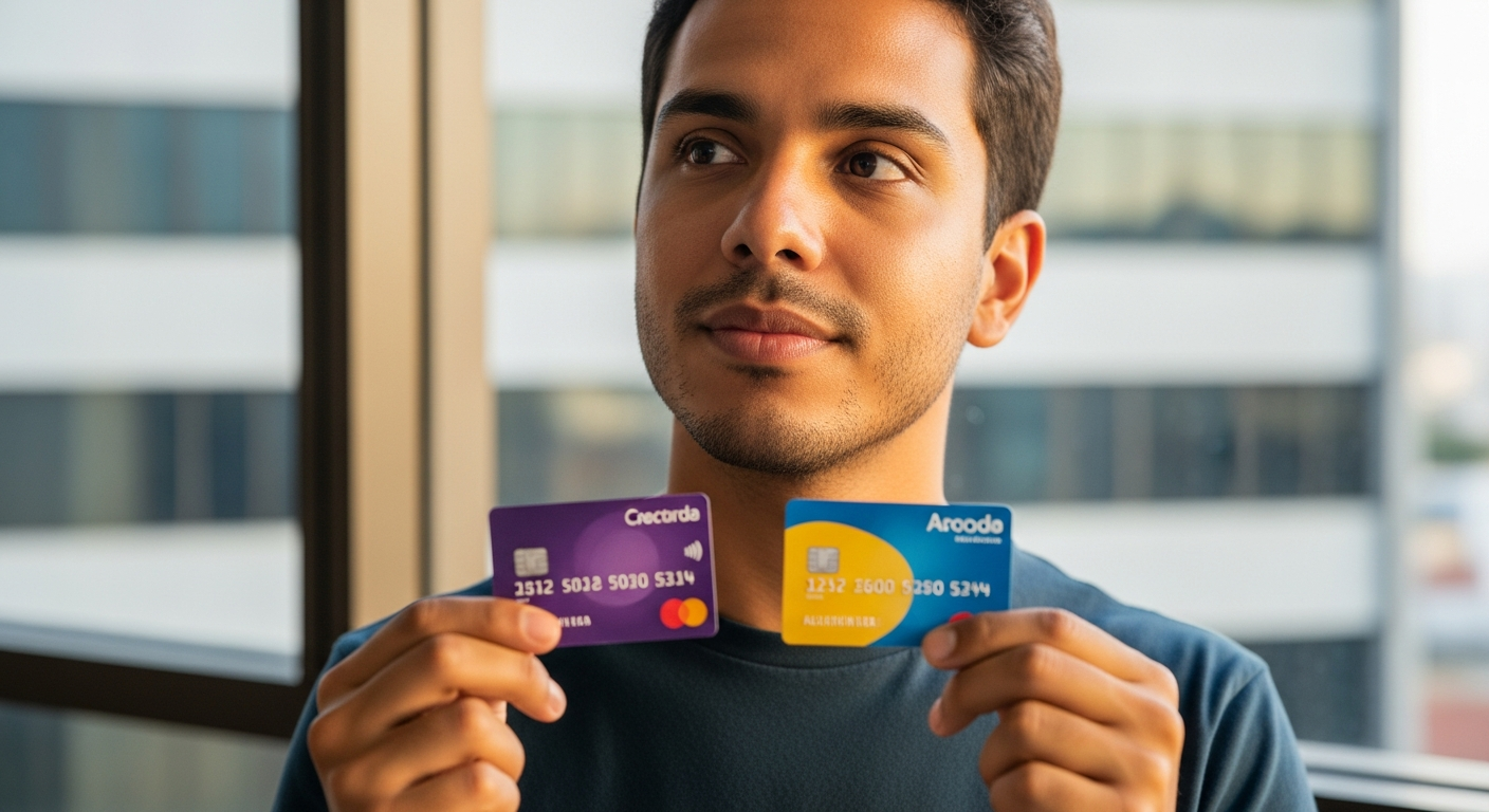 Homem brasileiro segurando dois cartões de crédito comparando opções para quem ganha até R$ 4.000