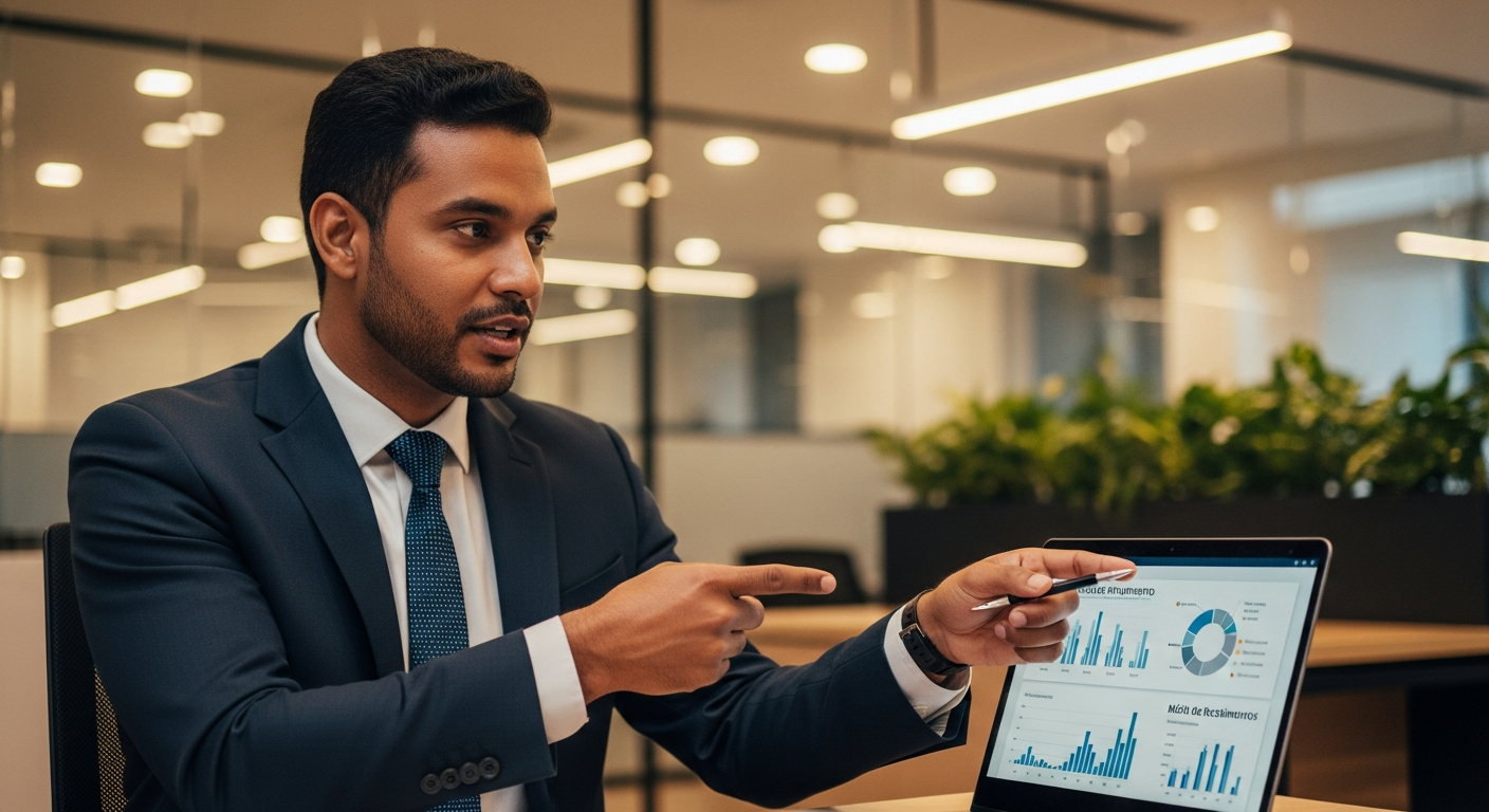 Gerente bancário brasileiro explica análise de crédito empresarial com gráficos de faturamento no notebook
