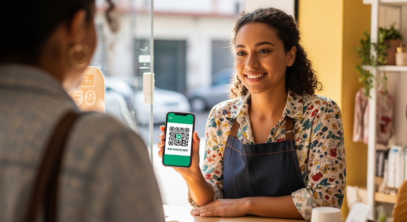 Empreendedora brasileira exibe QR Code Pix parcelado para cliente em pequeno comércio