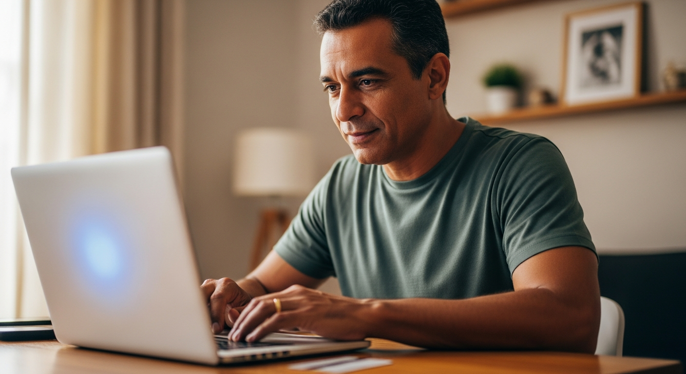 Homem brasileiro acessando internet banking no notebook com cartão de crédito ao lado para consultar senha