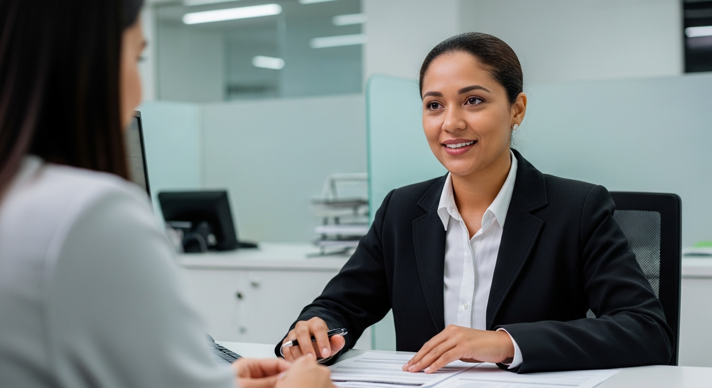 Gerente bancária brasileira explicando rating bancário e limite de crédito para cliente em agência