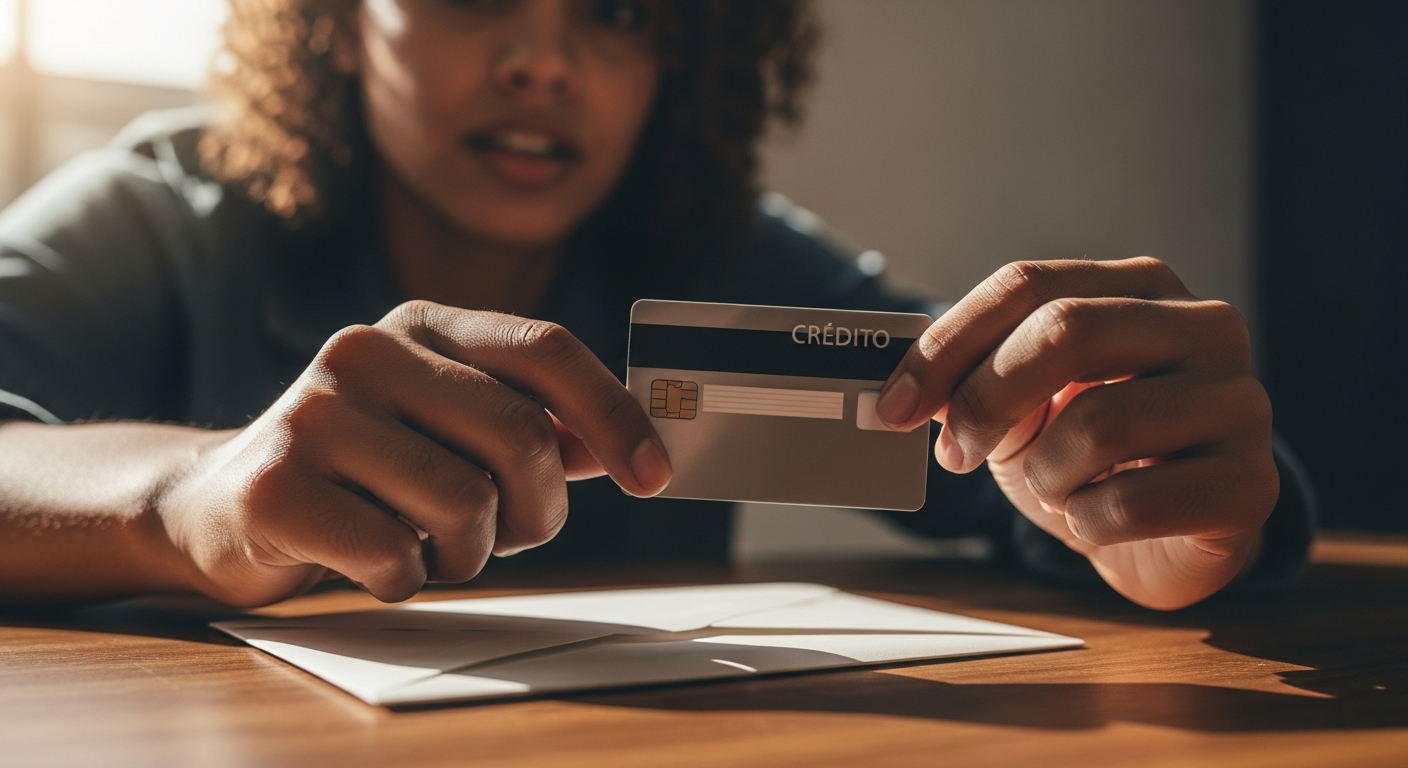 Pessoa brasileira segurando novo cartão de crédito bloqueado recém-chegado pelo correio, expressão de confusão