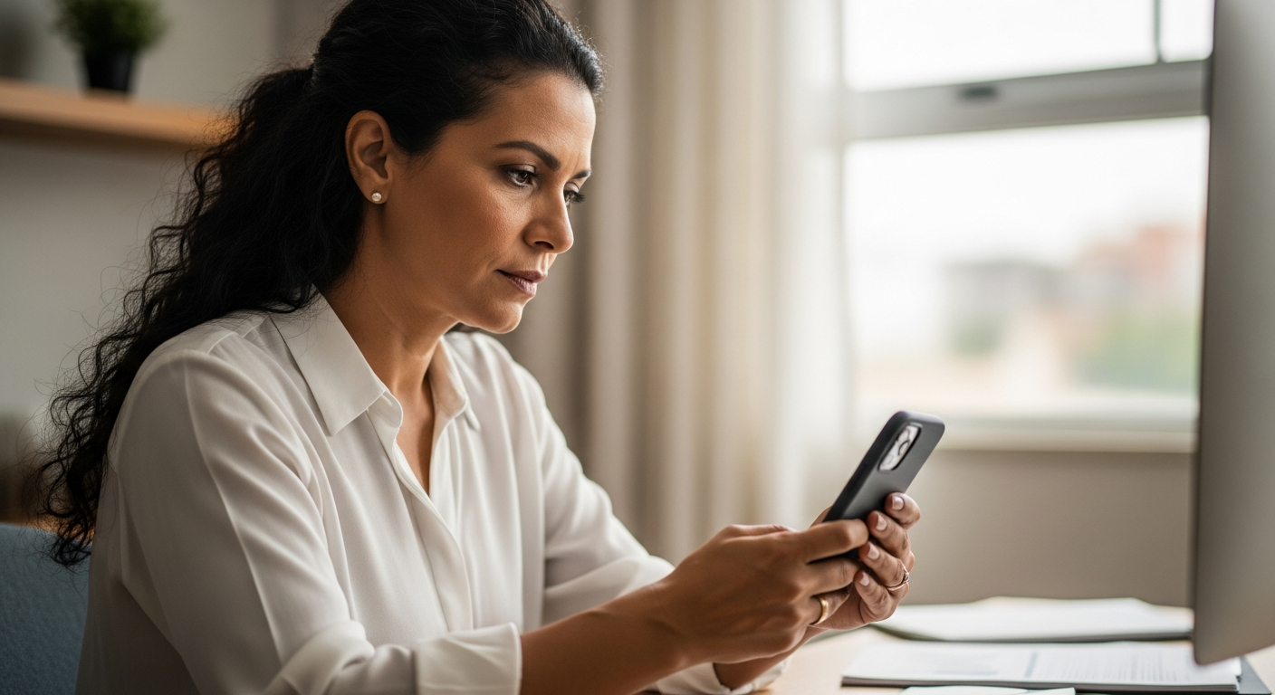 Mulher brasileira concentrada atualizando cadastro no celular em mesa de escritório doméstico