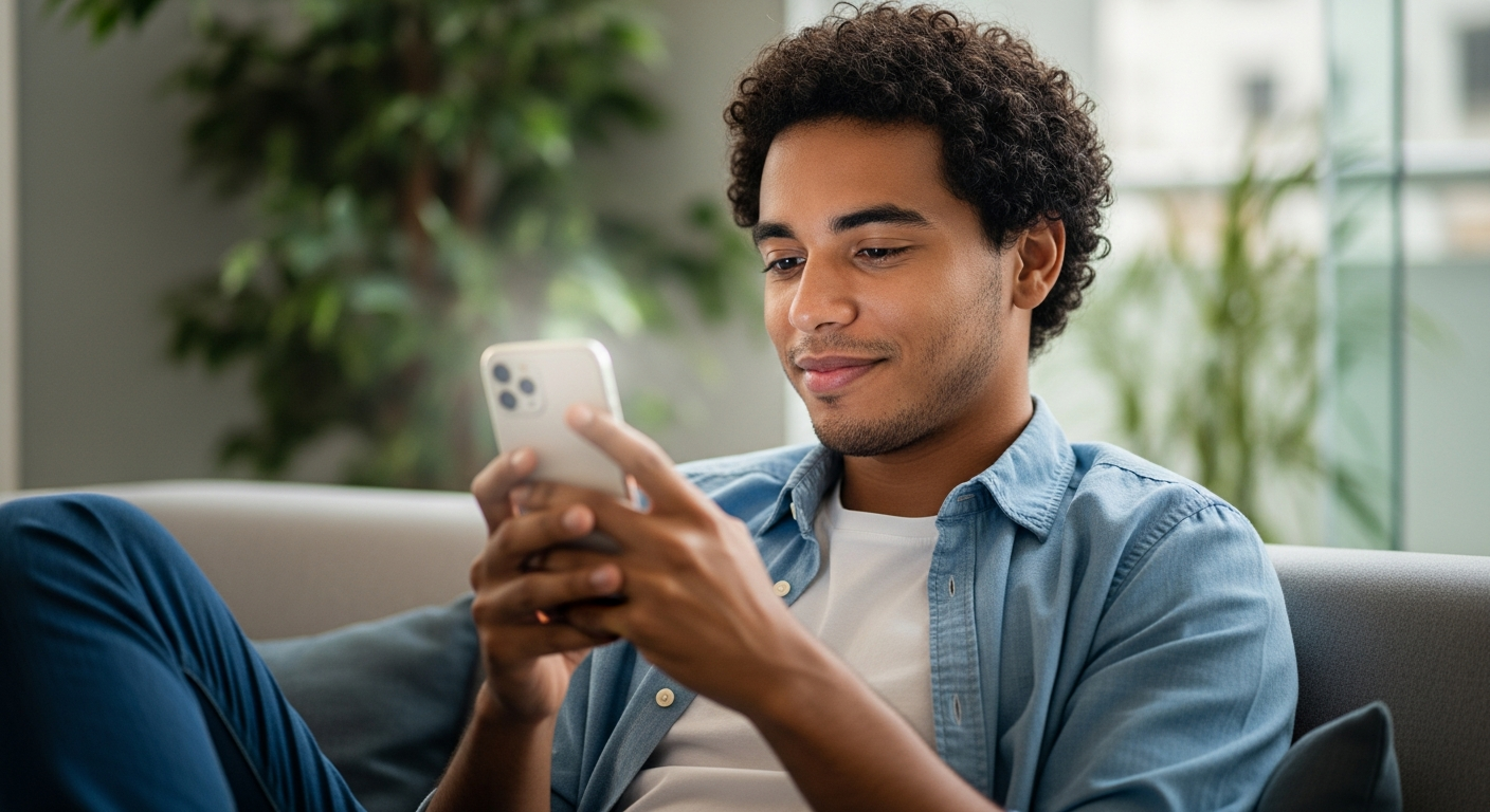 Homem jovem brasileiro sorrindo ao celular no sofá — ativando Nubank Limite Garantido no app