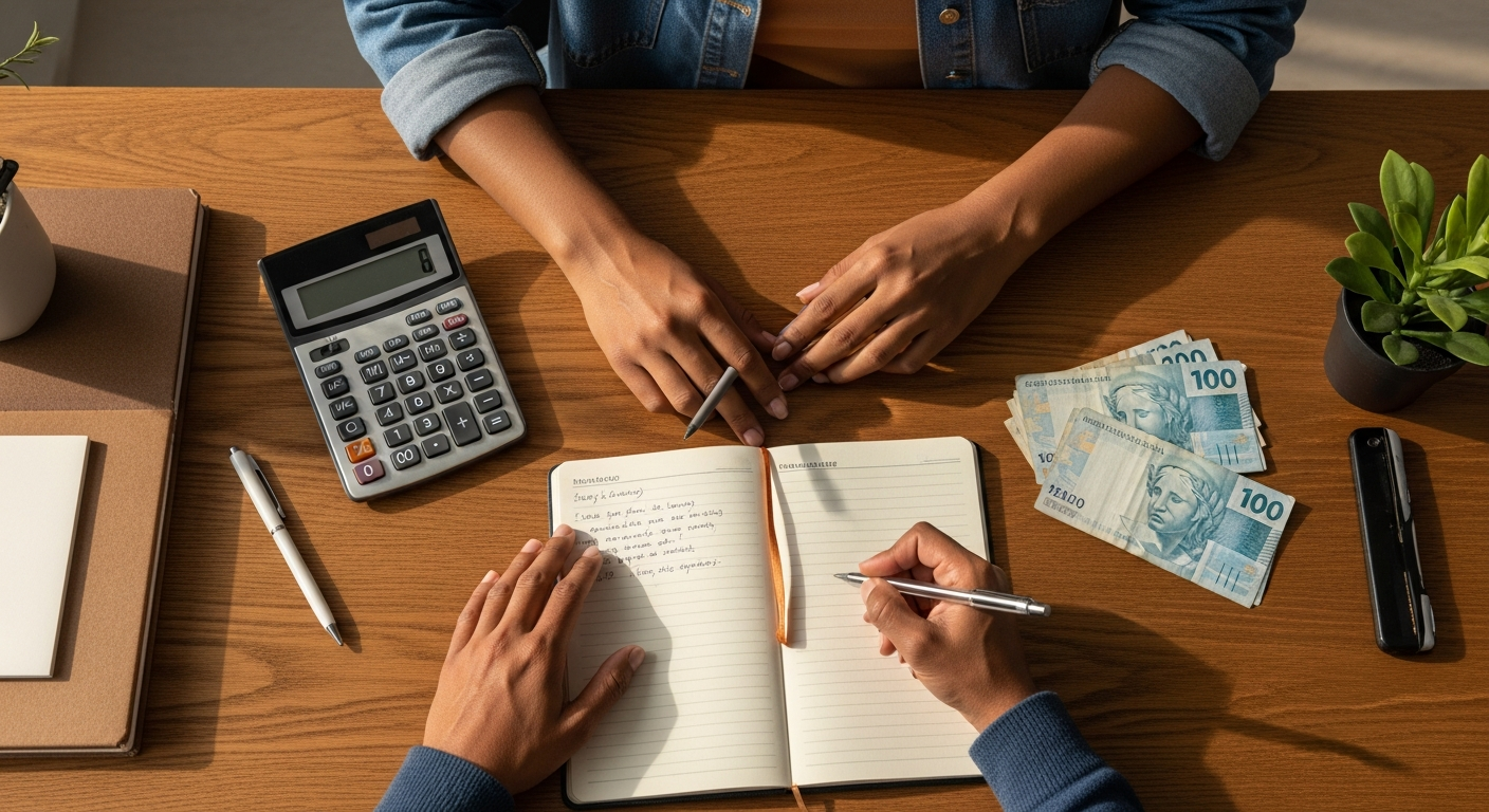 Flat lay de mesa com calculadora, caderno e notas de real — cálculo de margem de crédito e CPM