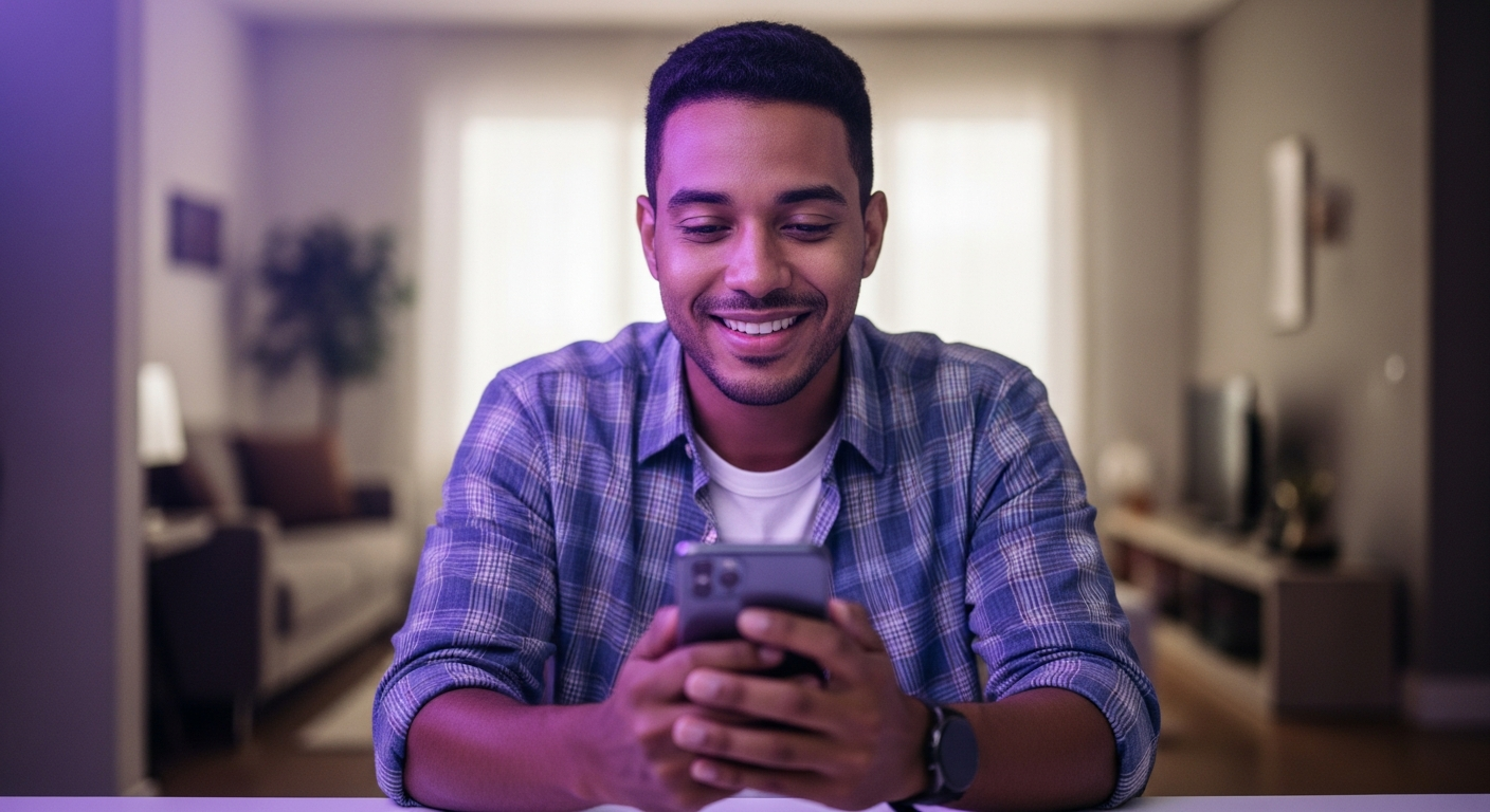 Jovem brasileiro com expressão de alívio segurando celular com brilho roxo — Nubank Limite Garantido