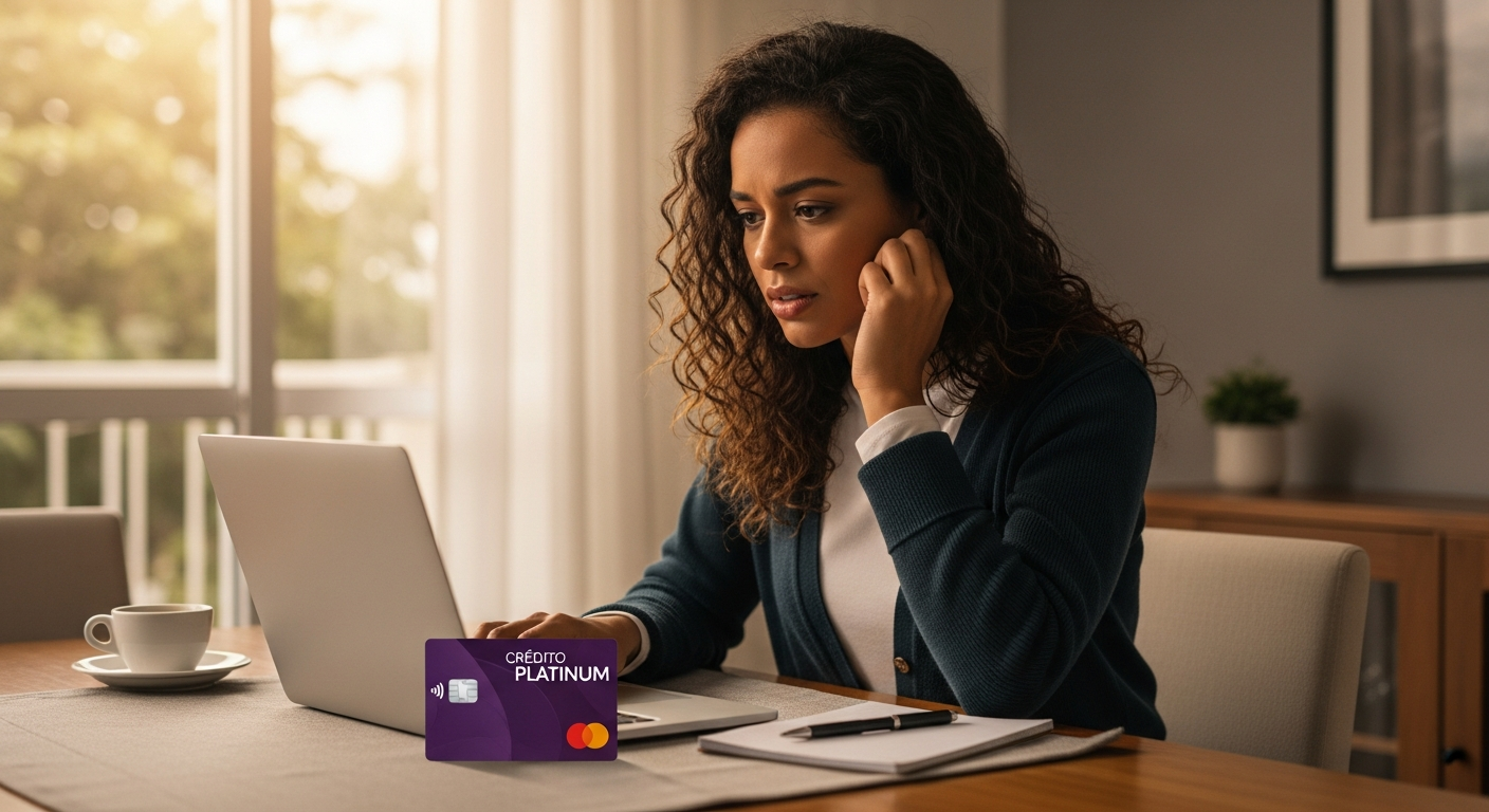 Mulher brasileira revisando condições do cartão Nubank Ultravioleta no laptop em casa em 2025