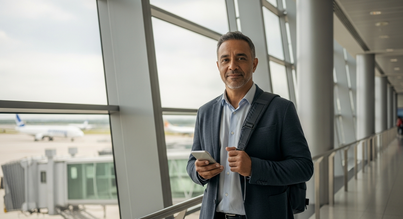 Viajante frequente brasileiro em aeroporto internacional — benefício Priority Pass cartão Ultravioleta