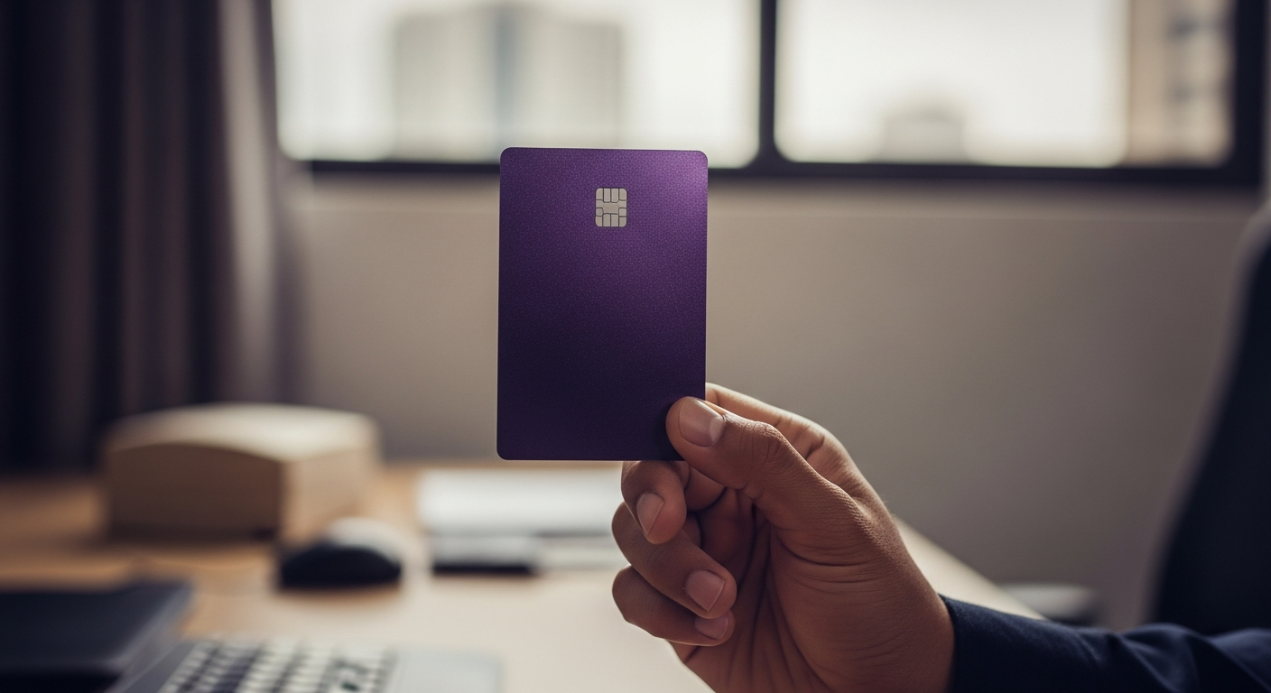 Mão segurando cartão de crédito premium roxo sobre mesa de escritório — análise Nubank Ultravioleta 2025