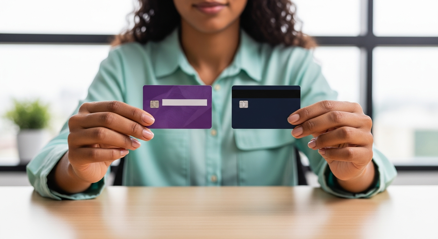 Mulher brasileira comparando dois cartões bancários — diferença entre fintech e banco tradicional