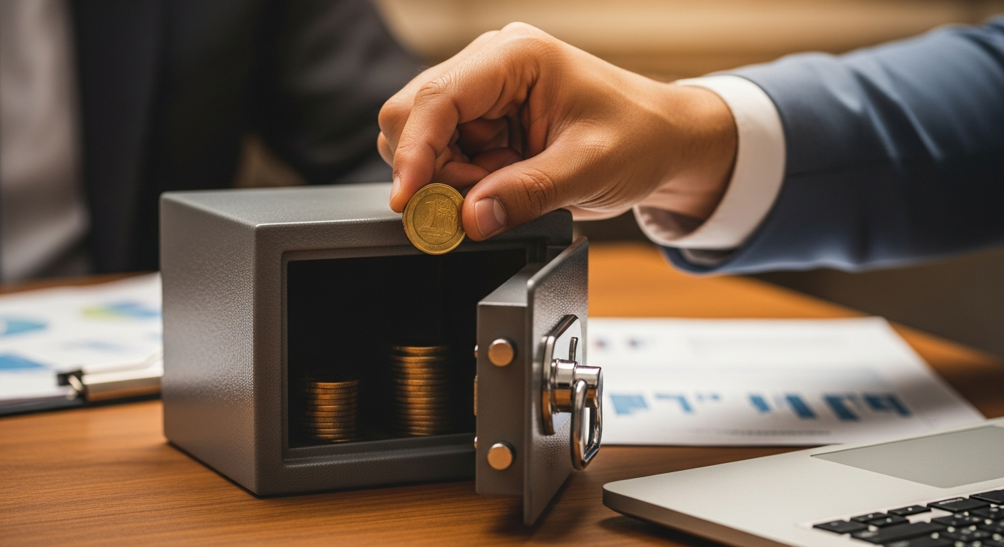 Mão brasileira guardando moedas em cofre — proteção financeira e Fundo Garantidor de Crédito
