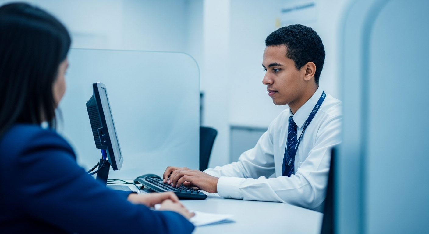 Atendente bancário brasileiro digitando em computador durante análise de crédito enquanto cliente aguarda