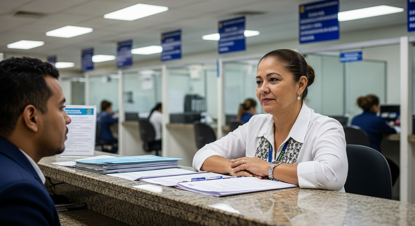 Mulher brasileira negociando dívida no CADIN com servidor da Receita Federal em atendimento presencial