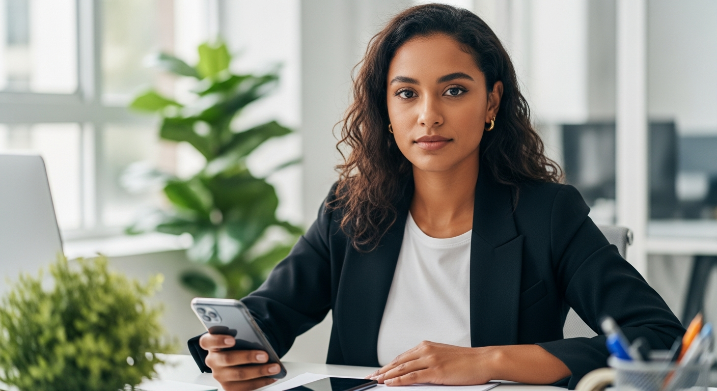 Mulher brasileira confiante segura celular com consciência antes de ativar o open finance