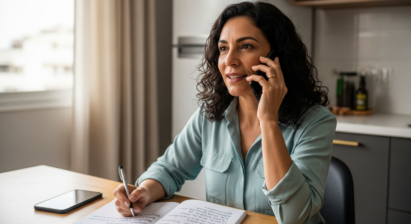 Mulher brasileira ao telefone negociando dívida do cartão de crédito com postura confiante