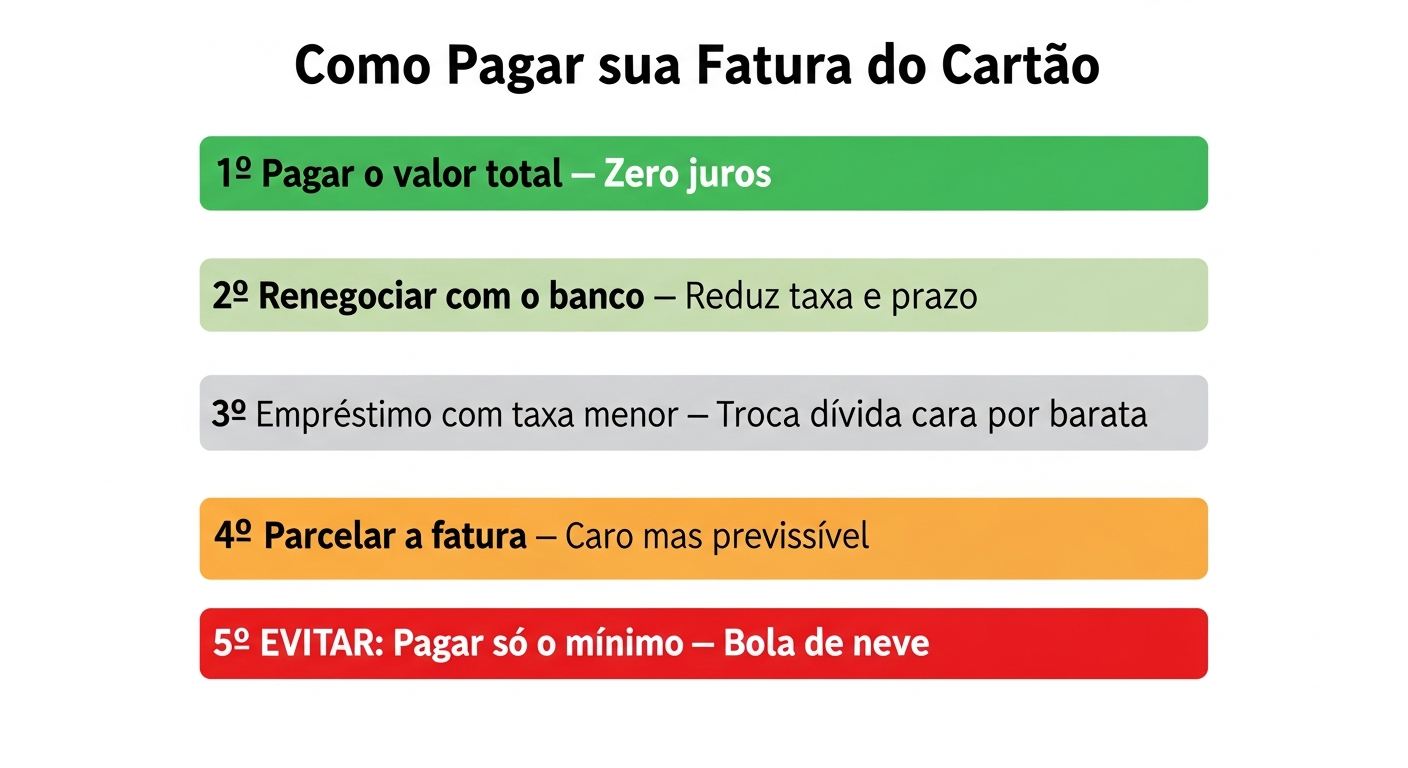 Infográfico com hierarquia de decisões para pagar fatura do cartão de crédito — do melhor ao pior cenário