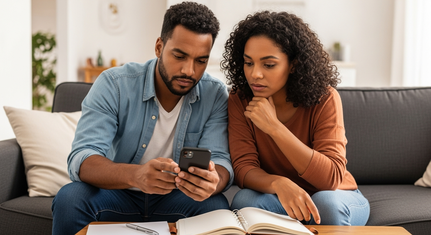 Casal brasileiro analisando juntos smartphone para decidir sobre parcelamento de fatura do cartão