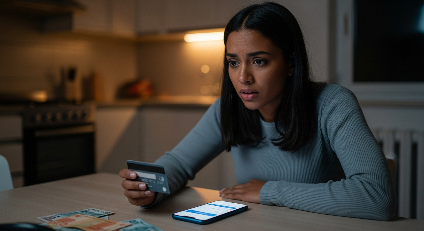Mulher brasileira preocupada analisando fatura do cartão de crédito com smartphone na mesa