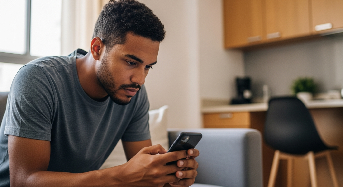 Homem brasileiro consultando transações no aplicativo do celular para parcelar compra no cartão de crédito