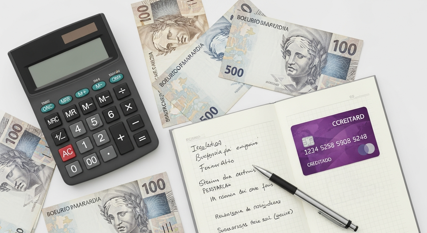 Calculadora, notas de reais e cartão de crédito sobre mesa representando cálculo de juros e CET no Nubank