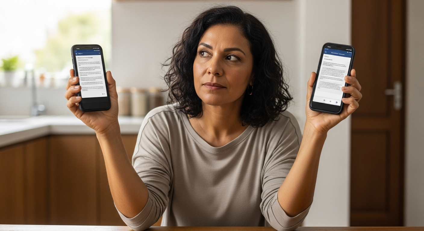 Mulher brasileira comparando duas opções no celular para decidir entre parcelar compra ou fazer empréstimo pessoal