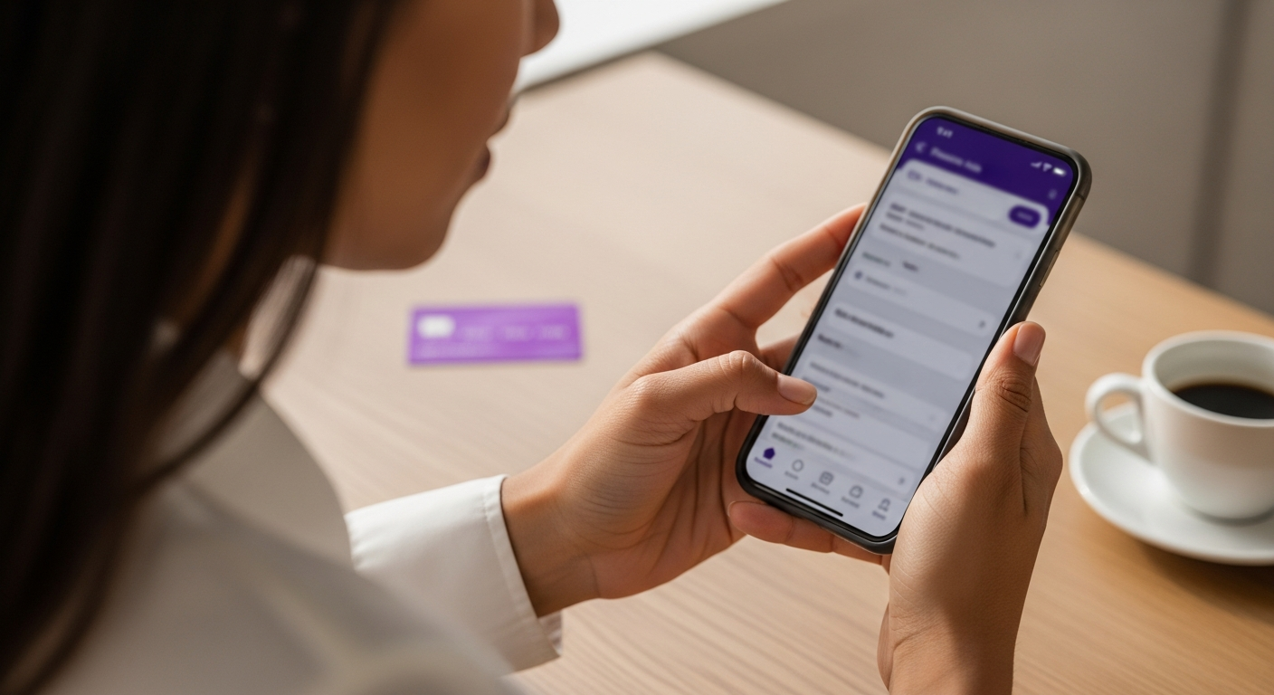 Mulher brasileira segurando smartphone com app de cartão de crédito aberto para parcelar compra feita à vista