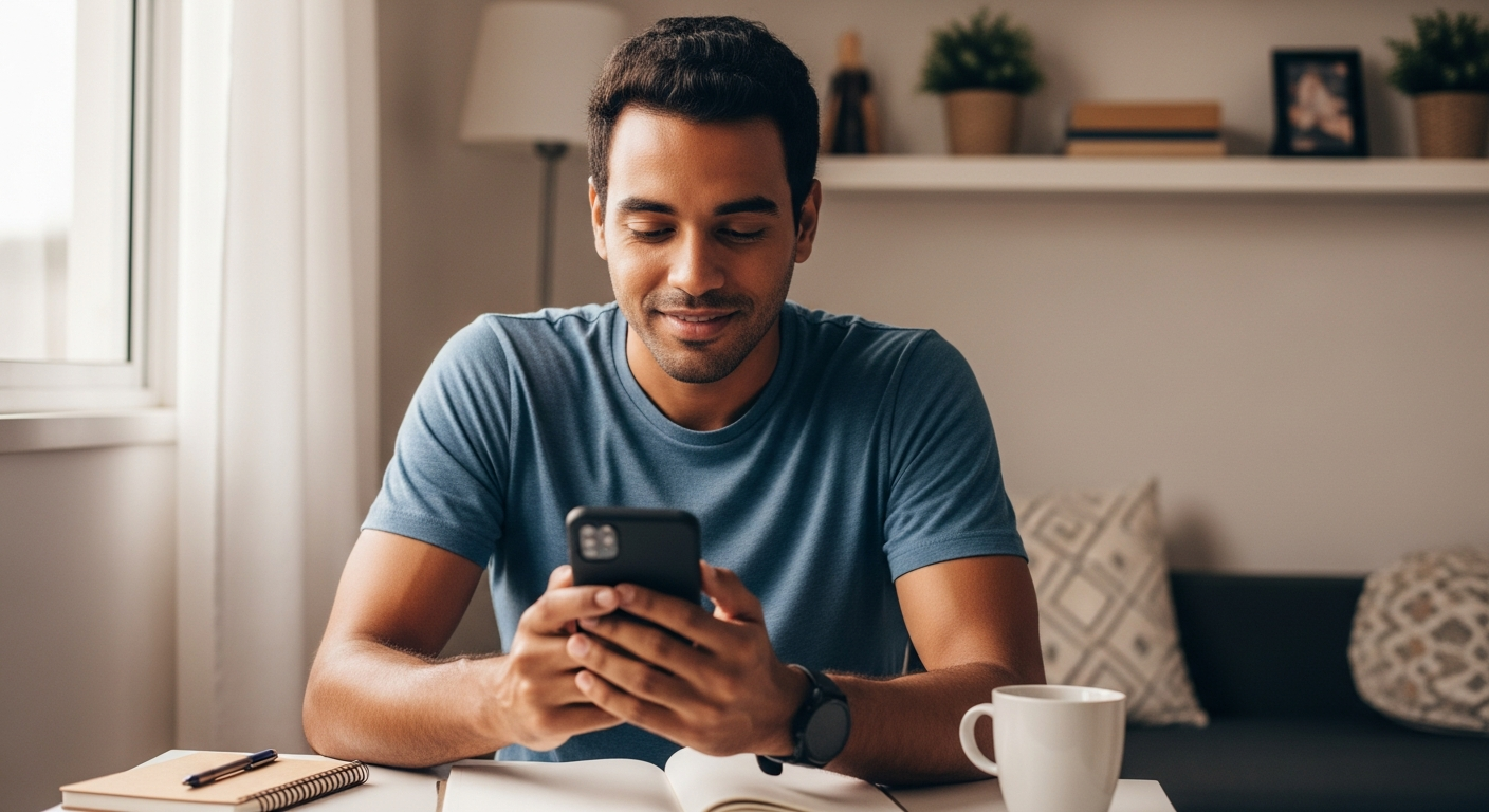 Jovem trabalhador brasileiro aliviado usando celular para gerenciar pagamentos recorrentes sem cartão de crédito