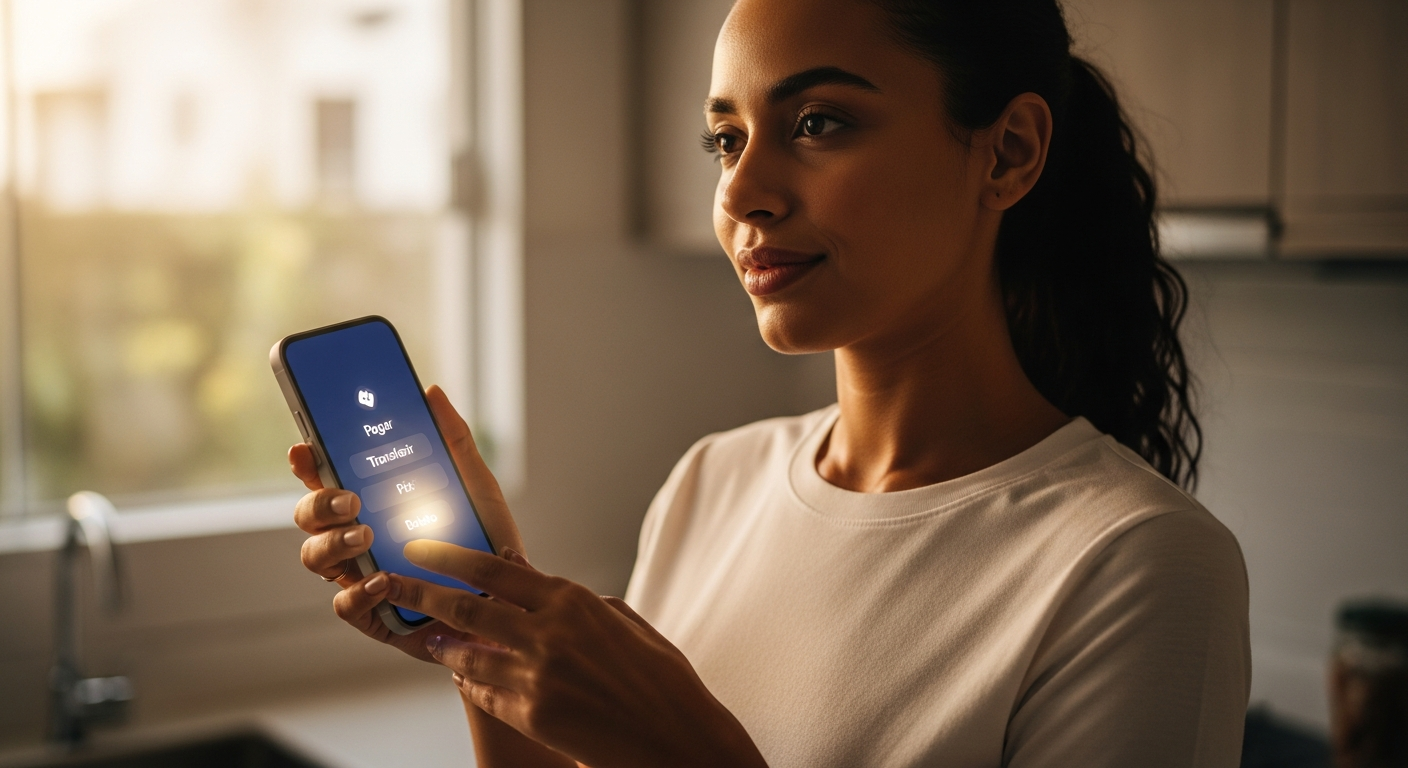 Mulher brasileira usando smartphone para fazer pagamento automático pelo Pix no aplicativo do banco