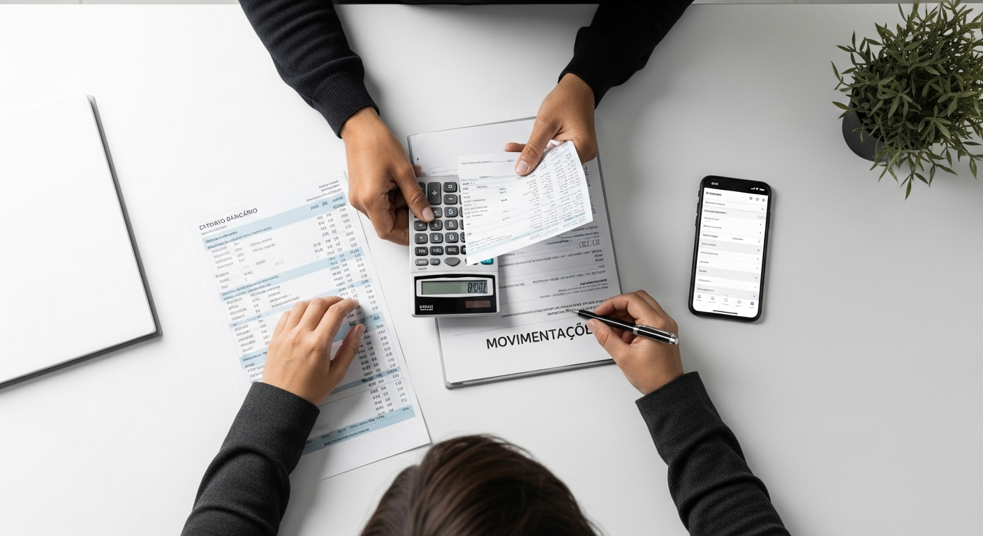 Extrato bancário e smartphone com transações — monitoramento da Receita Federal sobre movimentação