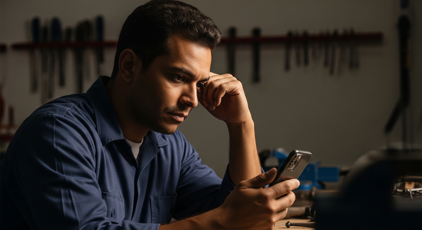 Prestador de serviço autônomo brasileiro olhando preocupado para celular — Pix e imposto