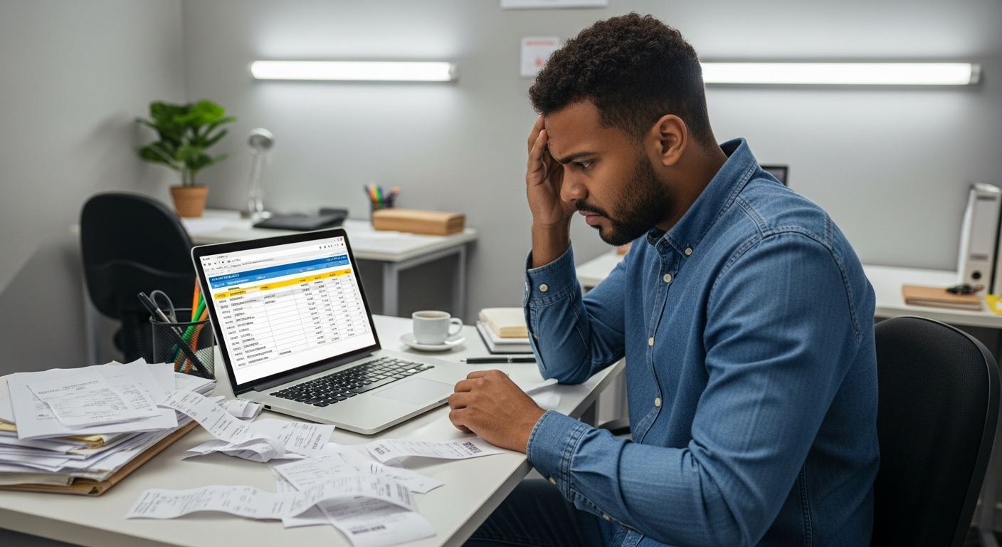 Empresário brasileiro confuso com planilhas e notas fiscais — gestão financeira negligenciada em construtoras