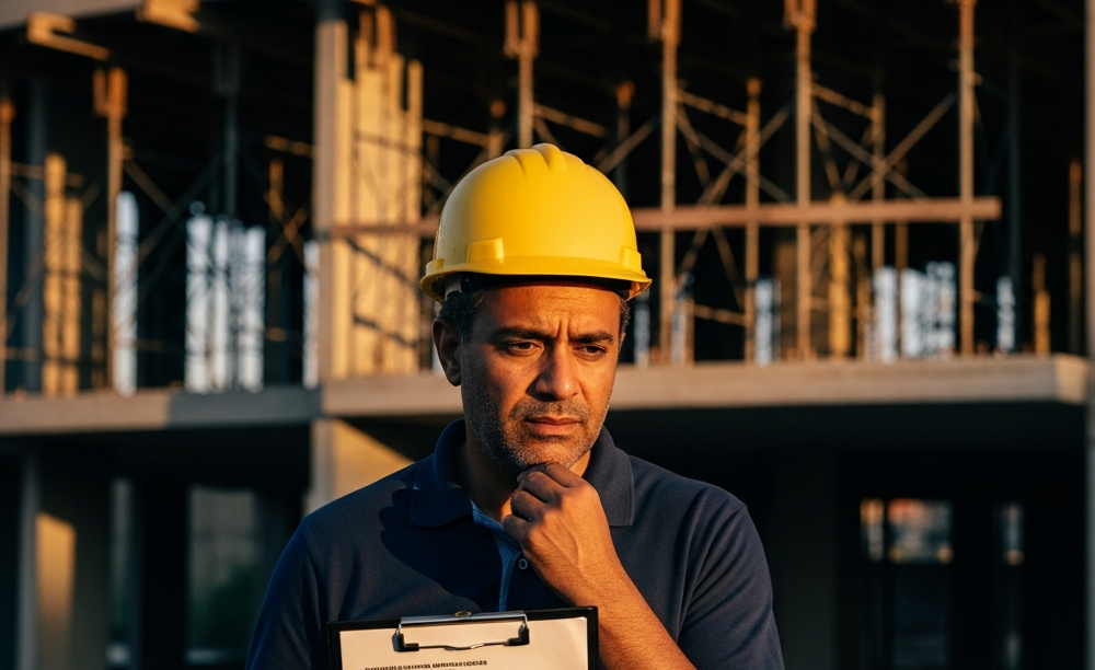 Construtor brasileiro preocupado em obra paralisada — representando por que construtoras quebram por má gestão