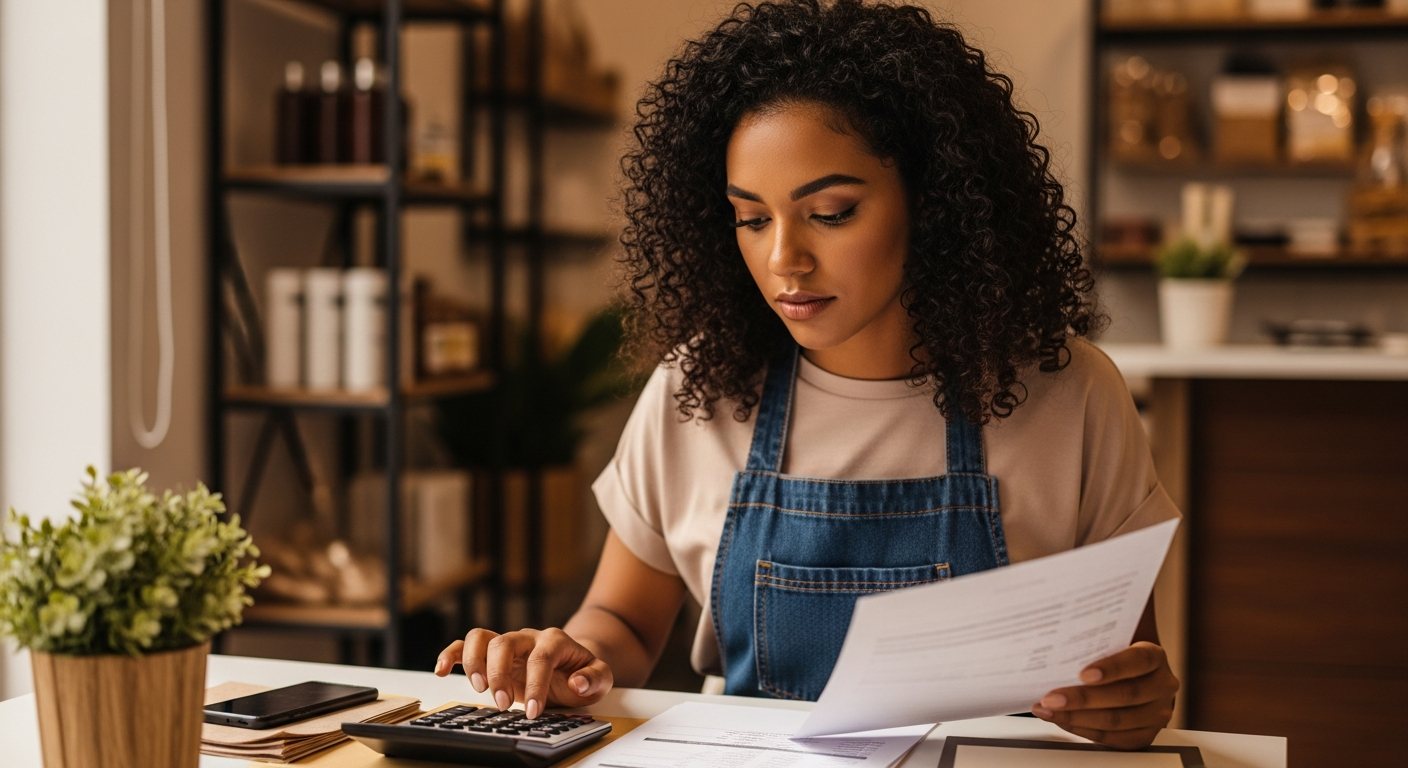 Empreendedora brasileira calculando 30% do faturamento para solicitar crédito no programa Procred 360