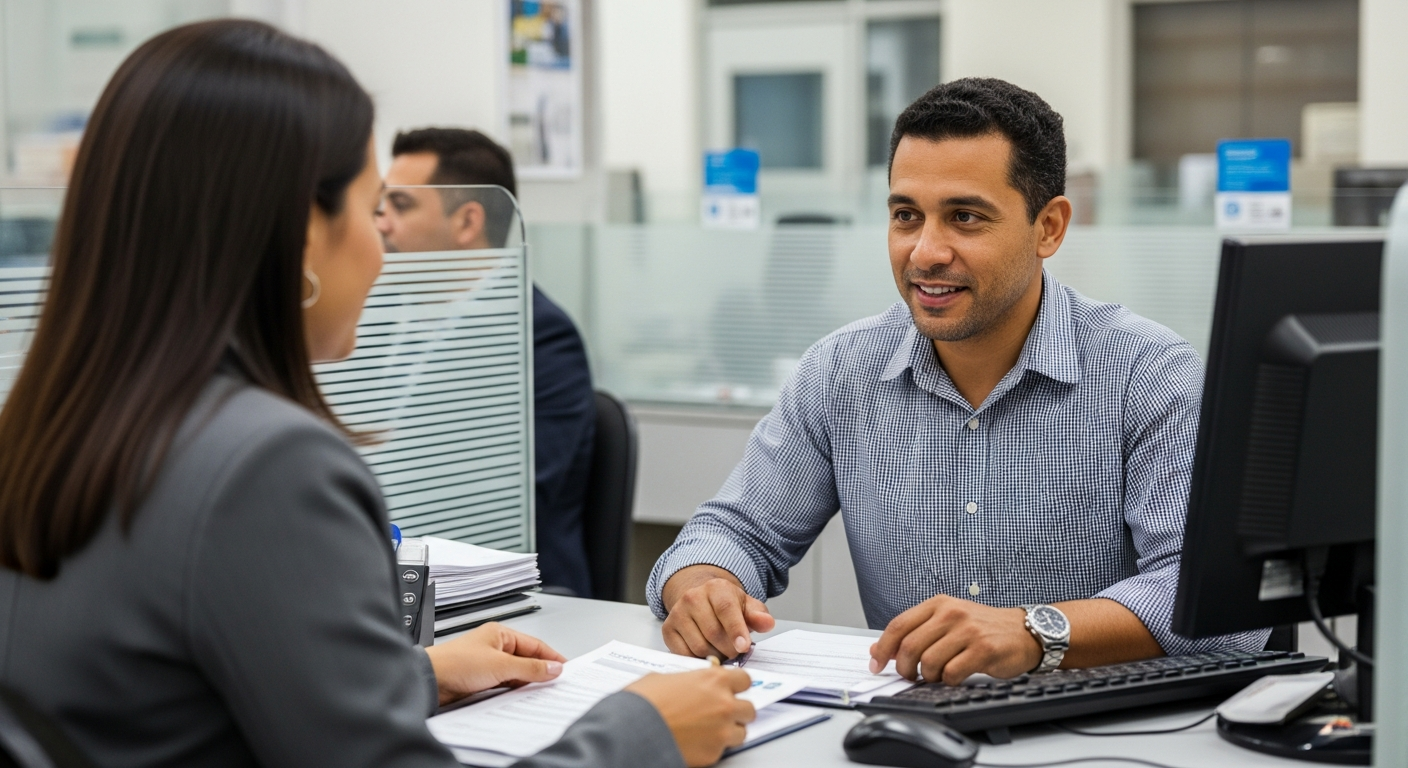 Empresário brasileiro em reunião com gerente de banco conveniado para solicitar crédito pelo Procred 360
