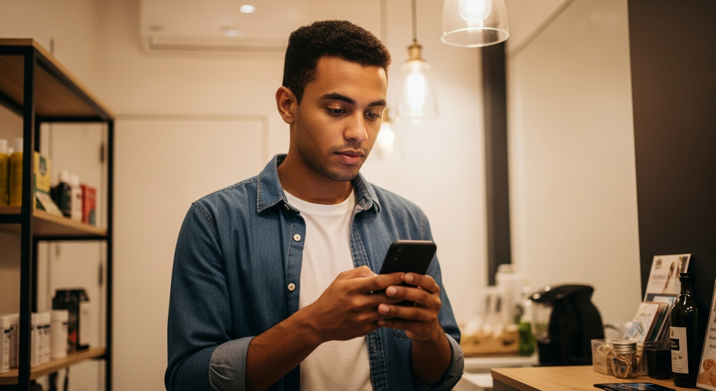 Jovem empreendedor brasileiro consulta aplicativo bancário no balcão do seu pequeno comércio