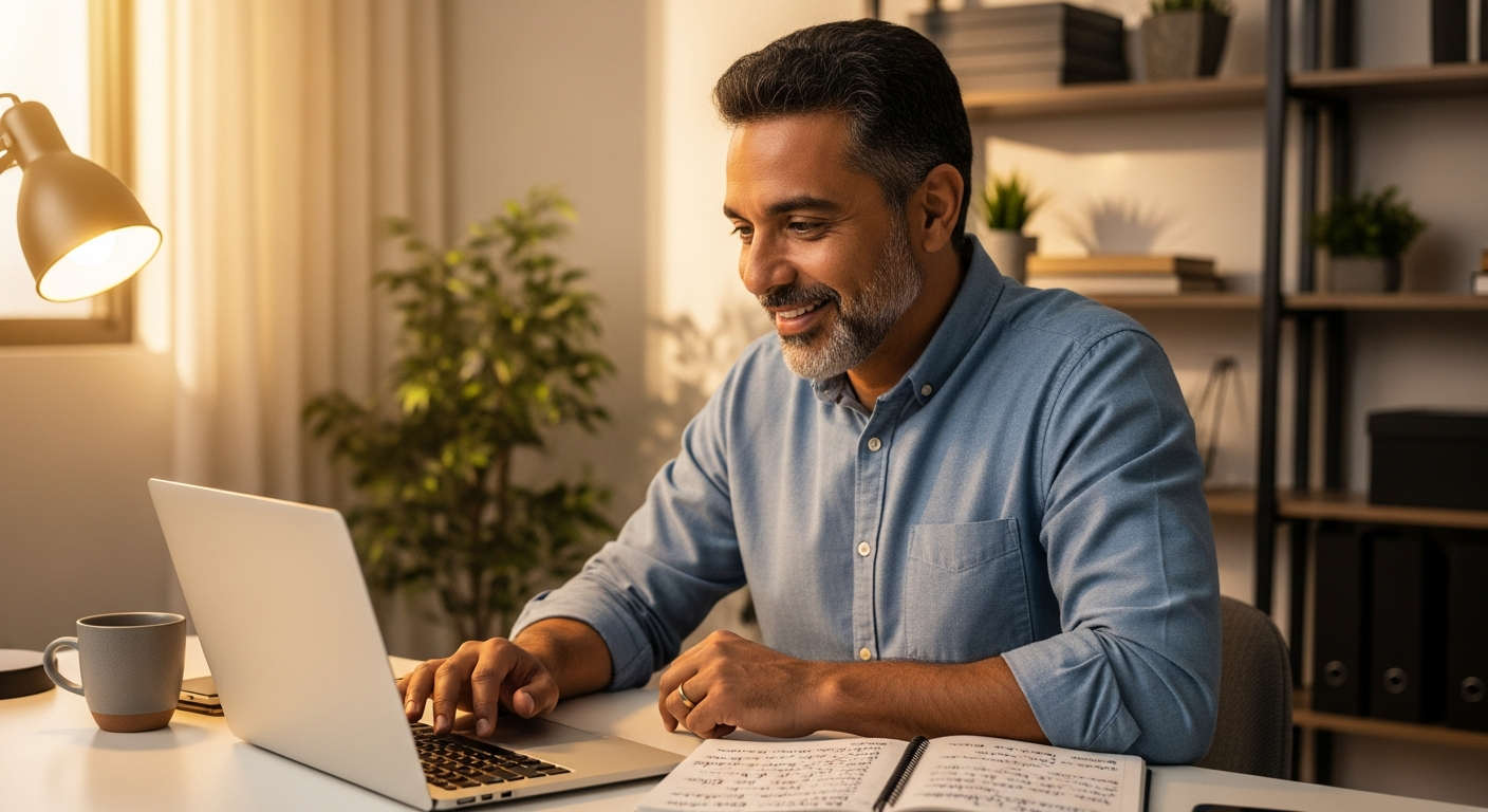 Homem brasileiro em home office atualizando cadastro bancário no notebook para manter rating bancário ativo