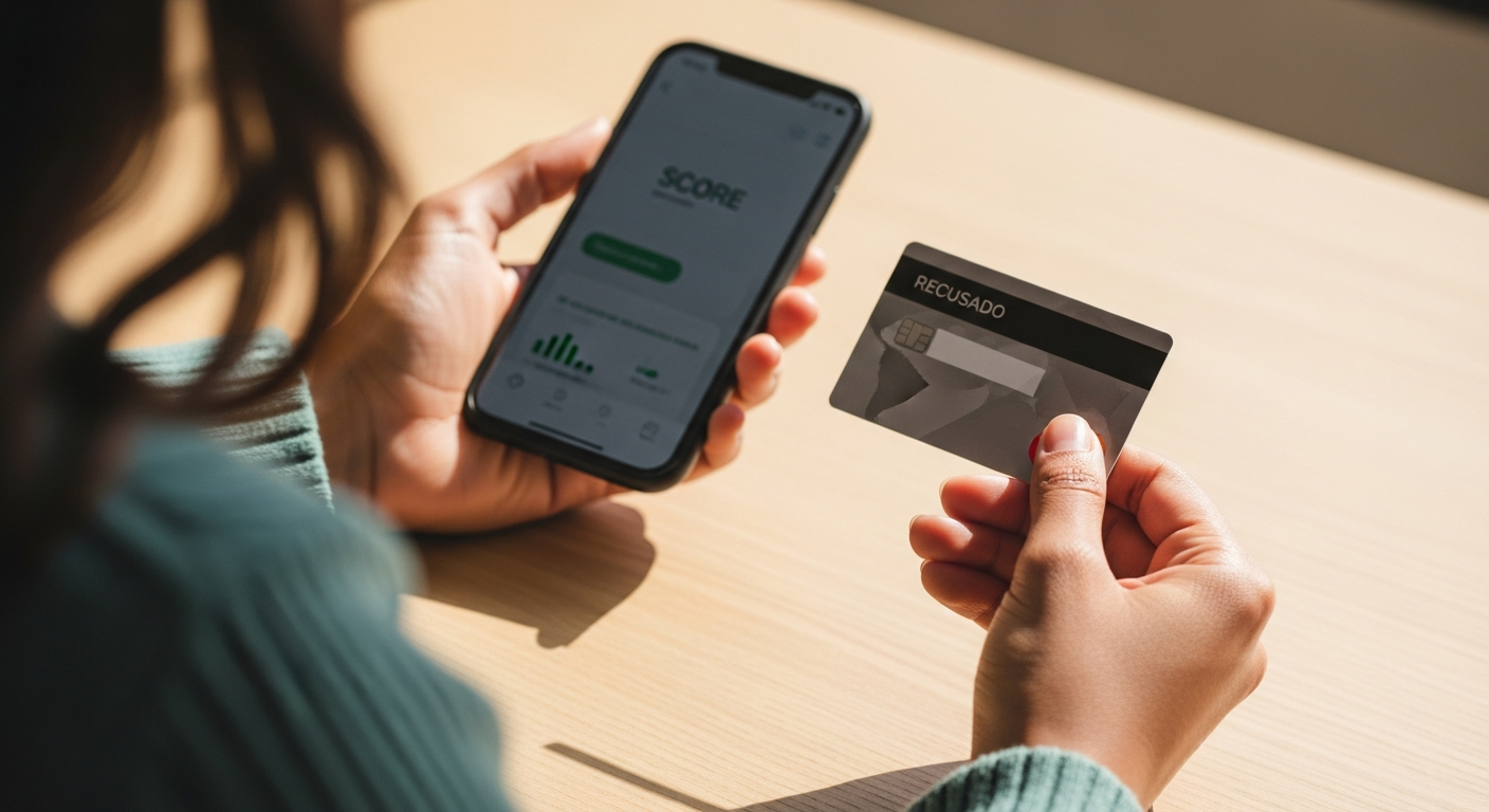 Mãos segurando celular com score e cartão bancário recusado — diferença entre score Serasa e rating bancário