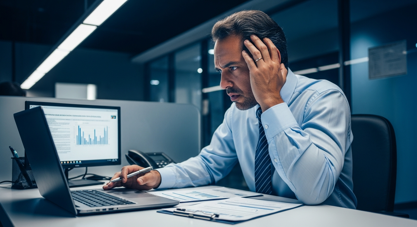 Homem brasileiro confuso diante de computador bancário com documentos financeiros — rating bancário negado