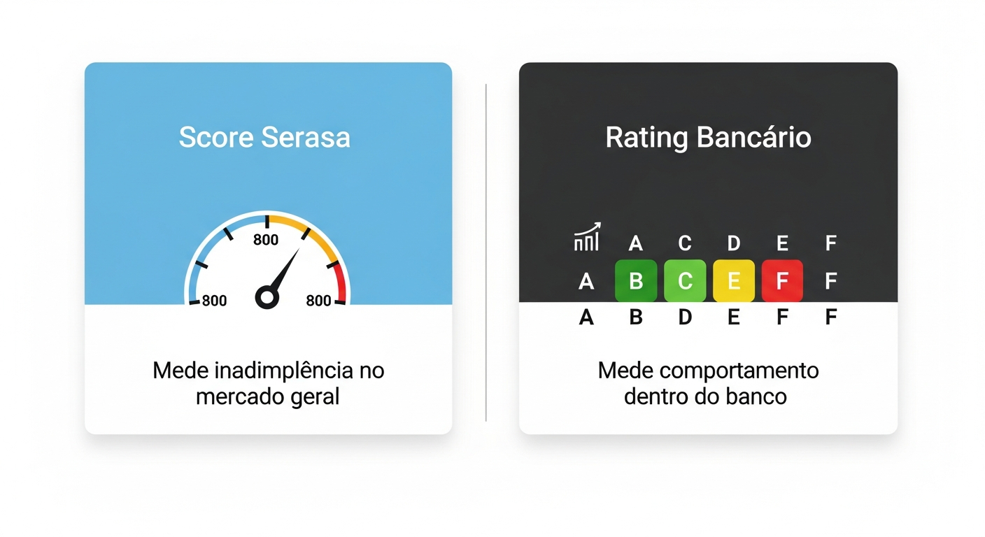 Infográfico comparativo entre score Serasa e rating bancário mostrando diferença entre os dois sistemas de avaliação de crédito