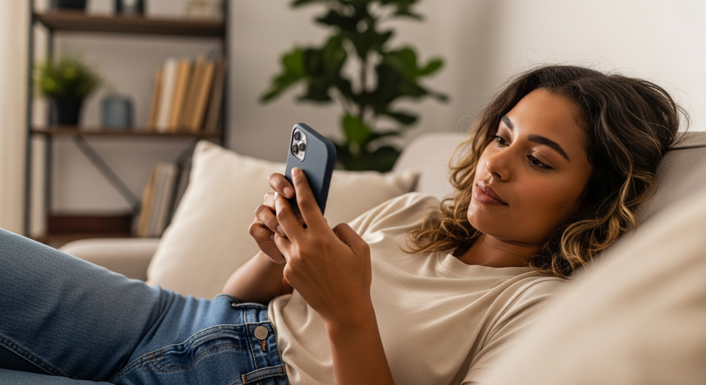 Jovem brasileira usando banco digital no celular em casa, representando uso do banco digital como conta principal