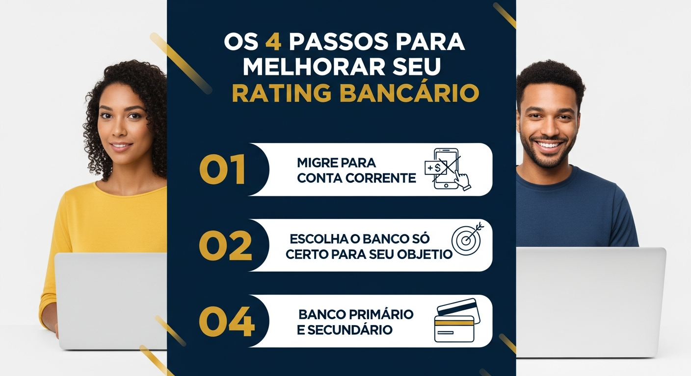 Infográfico com os 4 passos para melhorar o rating bancário e construir relacionamento com o banco