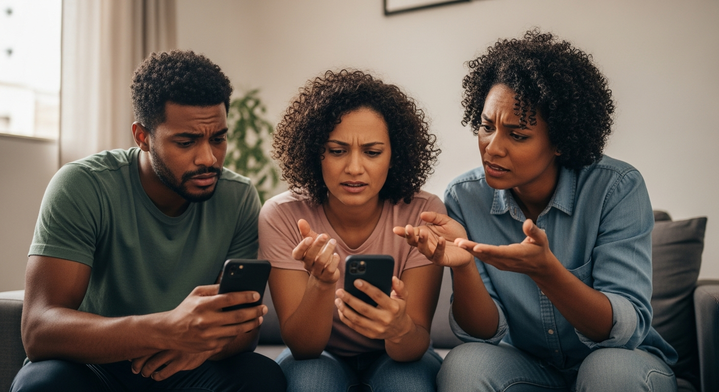 Grupo de brasileiros confusos compartilhando informações sobre Pix e Receita Federal pelo celular