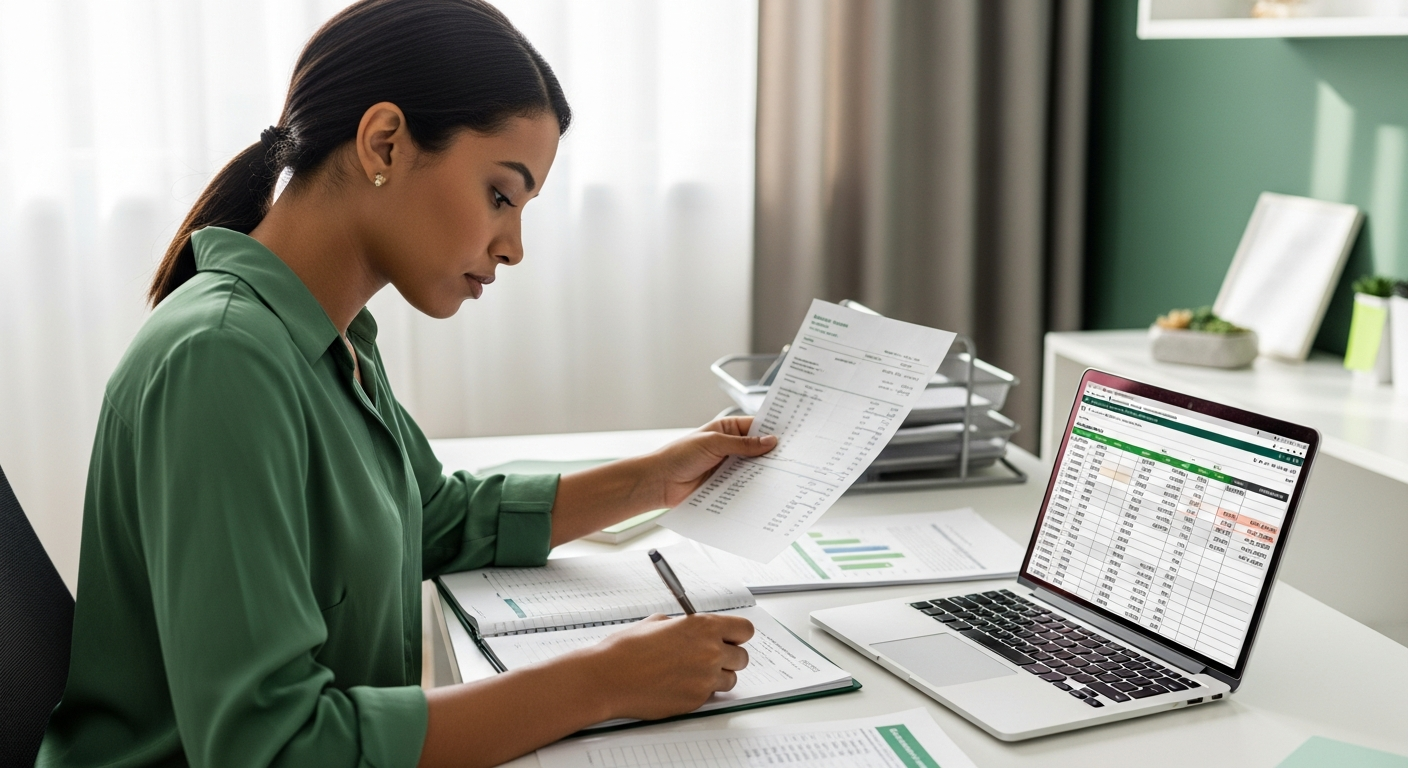 Mulher brasileira analisando extratos bancários e planilha financeira em home office organizado