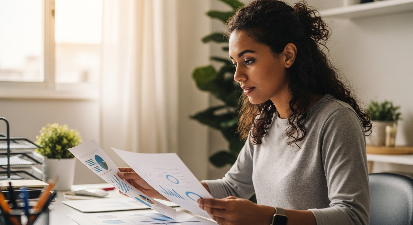 Mulher brasileira comparando documentos financeiros em escritório doméstico com expressão analítica