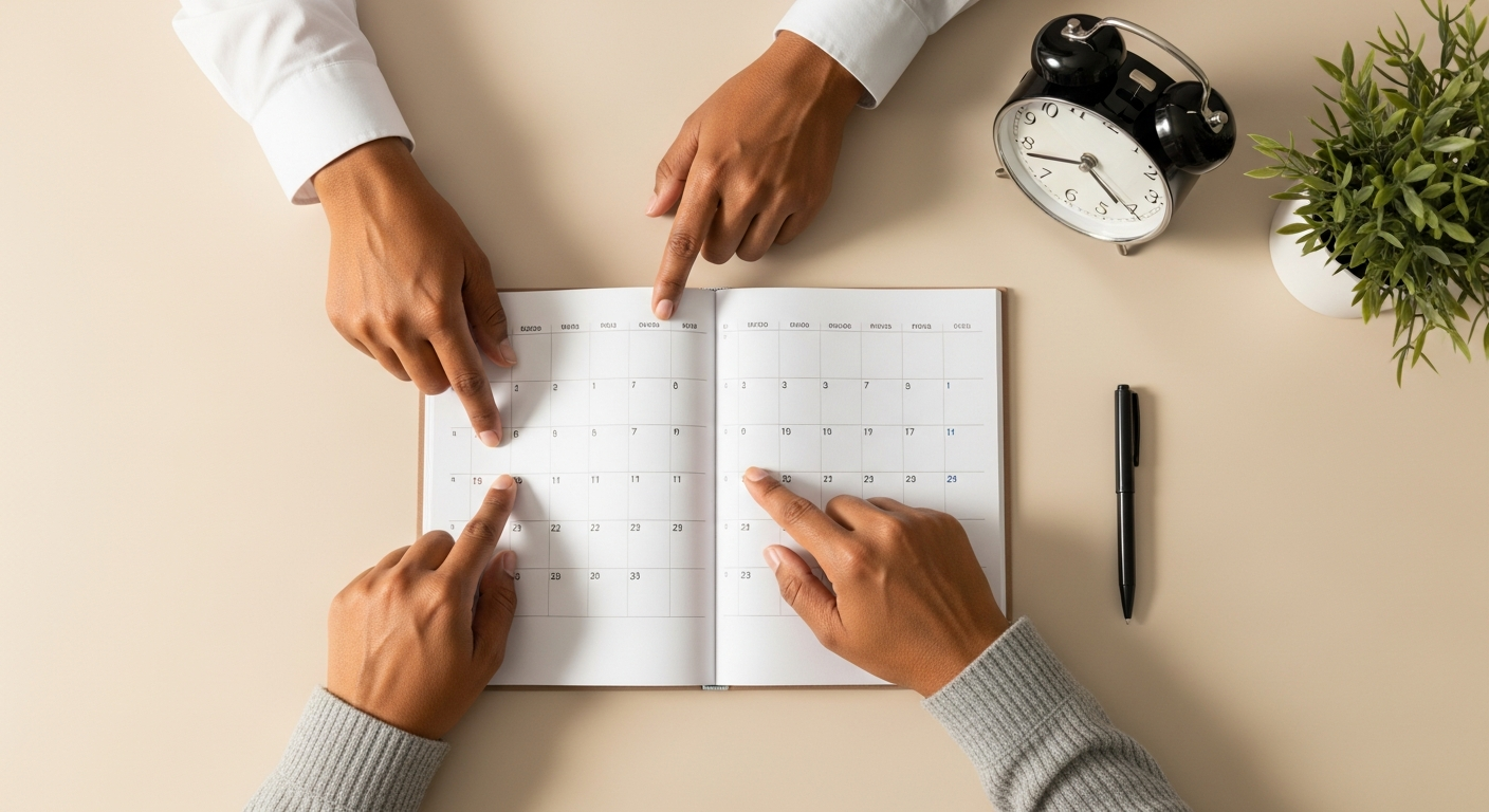 Mãos brasileiras apontando para calendário e relógio representando prazo de atualização bancária